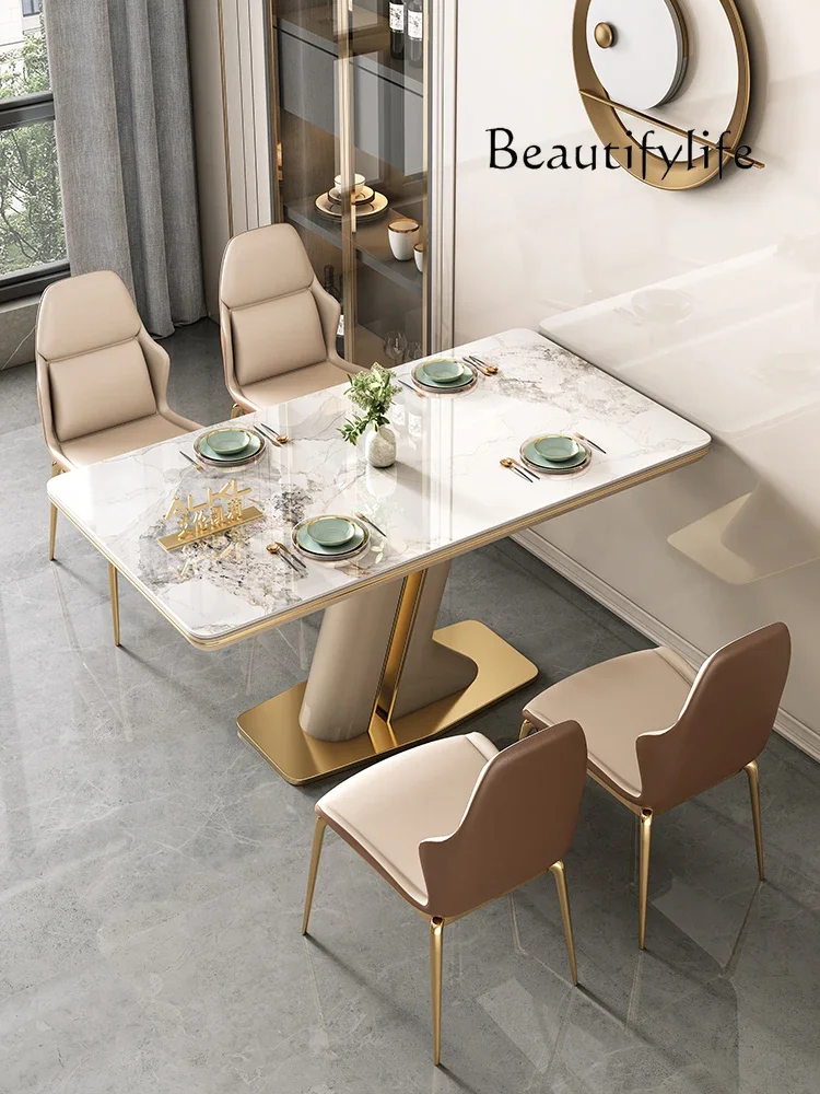 X35 Italian Rock Slab Dining Table Light Luxury High-end New Modern Simple Home Bright Dining Table And Chair Combination