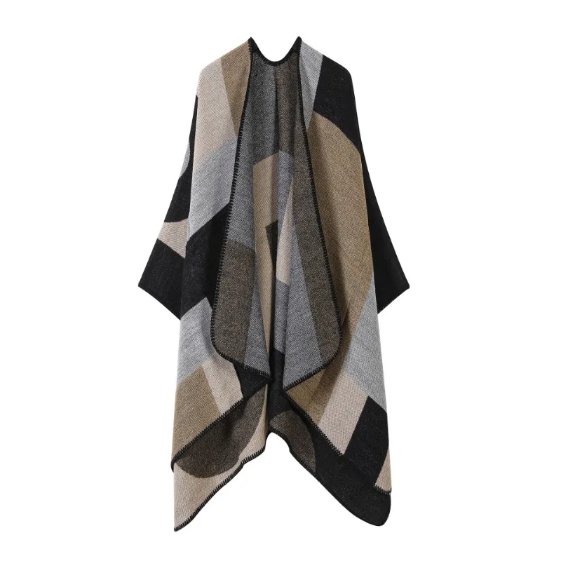 Gradient Colors Shawl Capes Printed Plaid Cardigan Loose Poncho Blanket Women Faux Cashmere Cloak Big Pendulum Out Streetwear