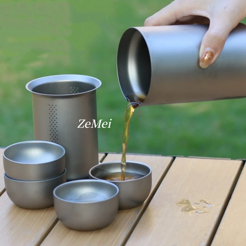 Pure Titanium Portable Coffee Mug Brewing Set, Double-Layer anti-Scald Travel Tea Set, Quick Guest Cup, Outdoor Camping Cup