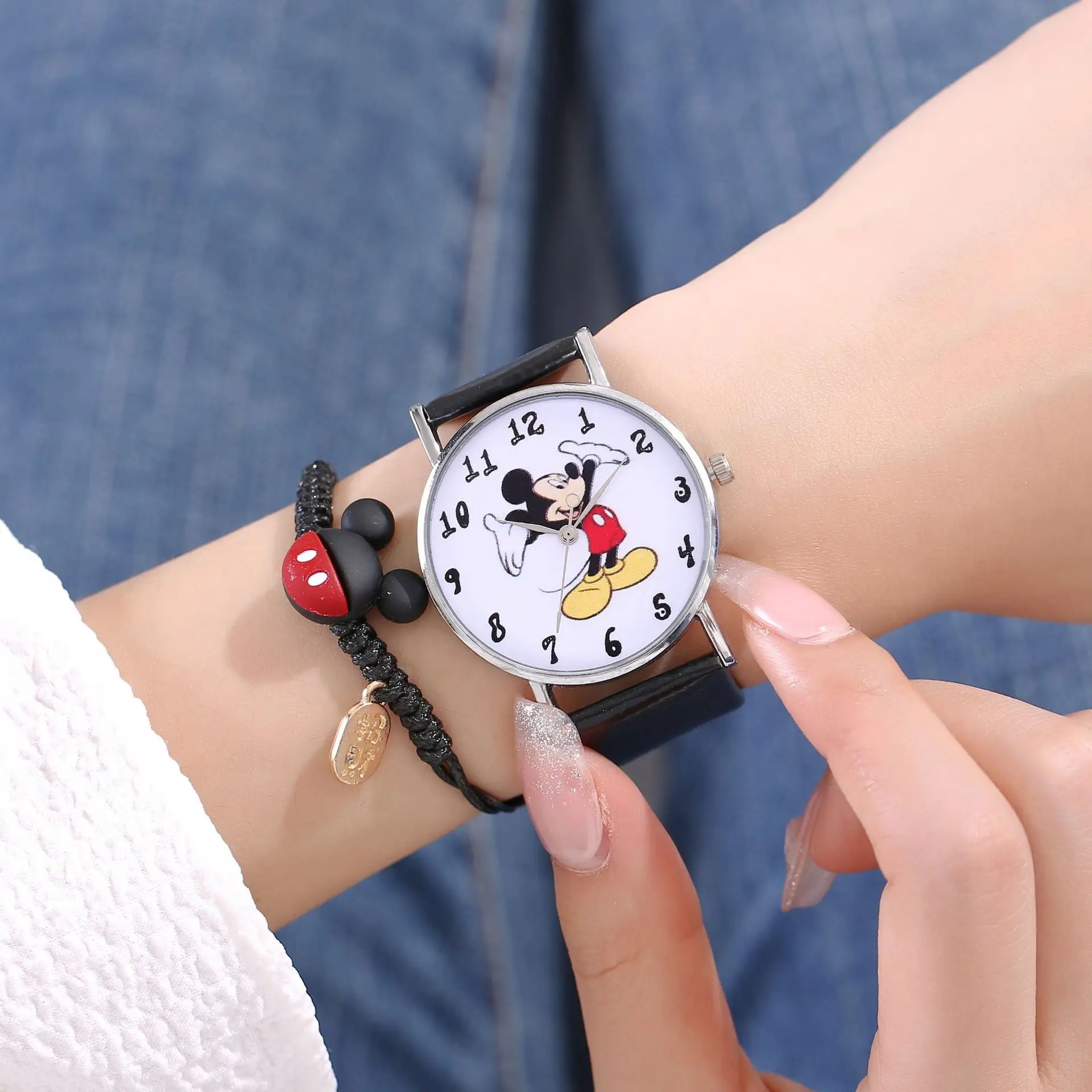 High Quality cartoon Disney Mickey Boys and girls kids Leather Quartz wrist watch+Bracelet Couple students Watch Bracelet gifts