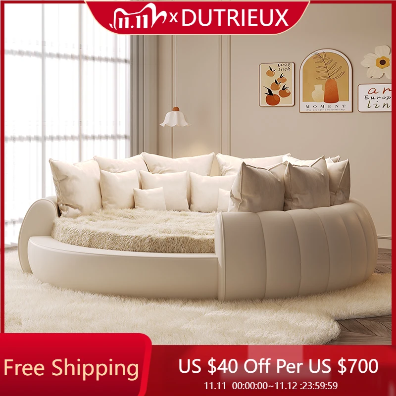 

Минималистичная кровать из натуральной кожи, круглая современная кровать размера King Size, модная кровать в американском стиле, роскошная свадебная мебель с подсветкой