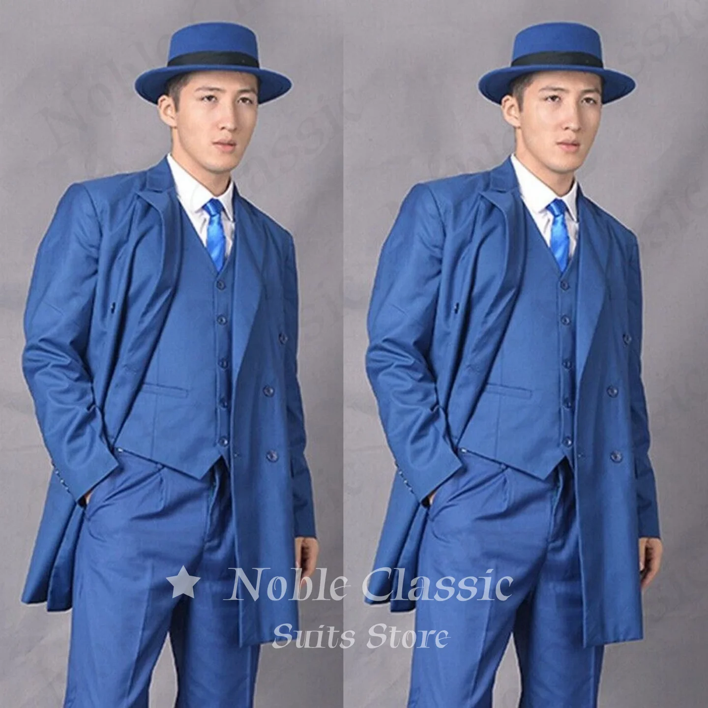 Vintage Gangster 3 Piece Men Suit Bright Royal Blue Double Breasted Long Tail Blazer Waistcoat Pants Evening Party Customized