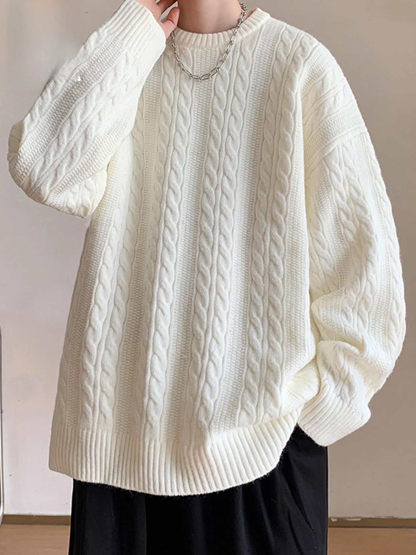 

Мужской осенне-зимний вязаный свитер свободного кроя с круглым вырезом, шерстяное пальто-гольф, повседневное, удобное, теплое, дышащее