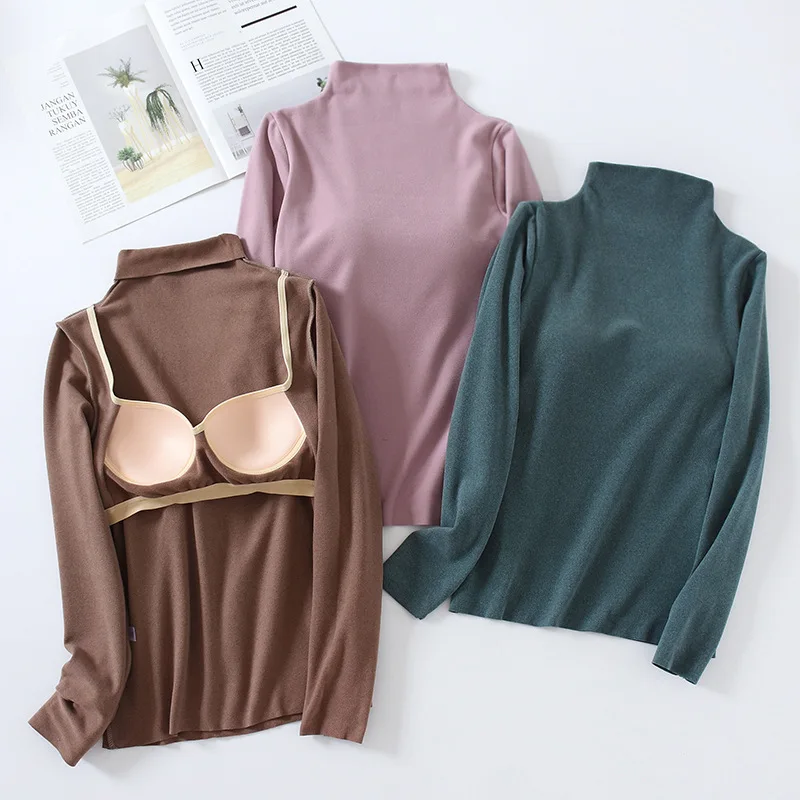 Autumn Winter One Piece Pajamas Tops Half High Collar Warm Long Sleeve Bra Chest Padded Slim Bottom Shirt Velvet Women Sleepwear