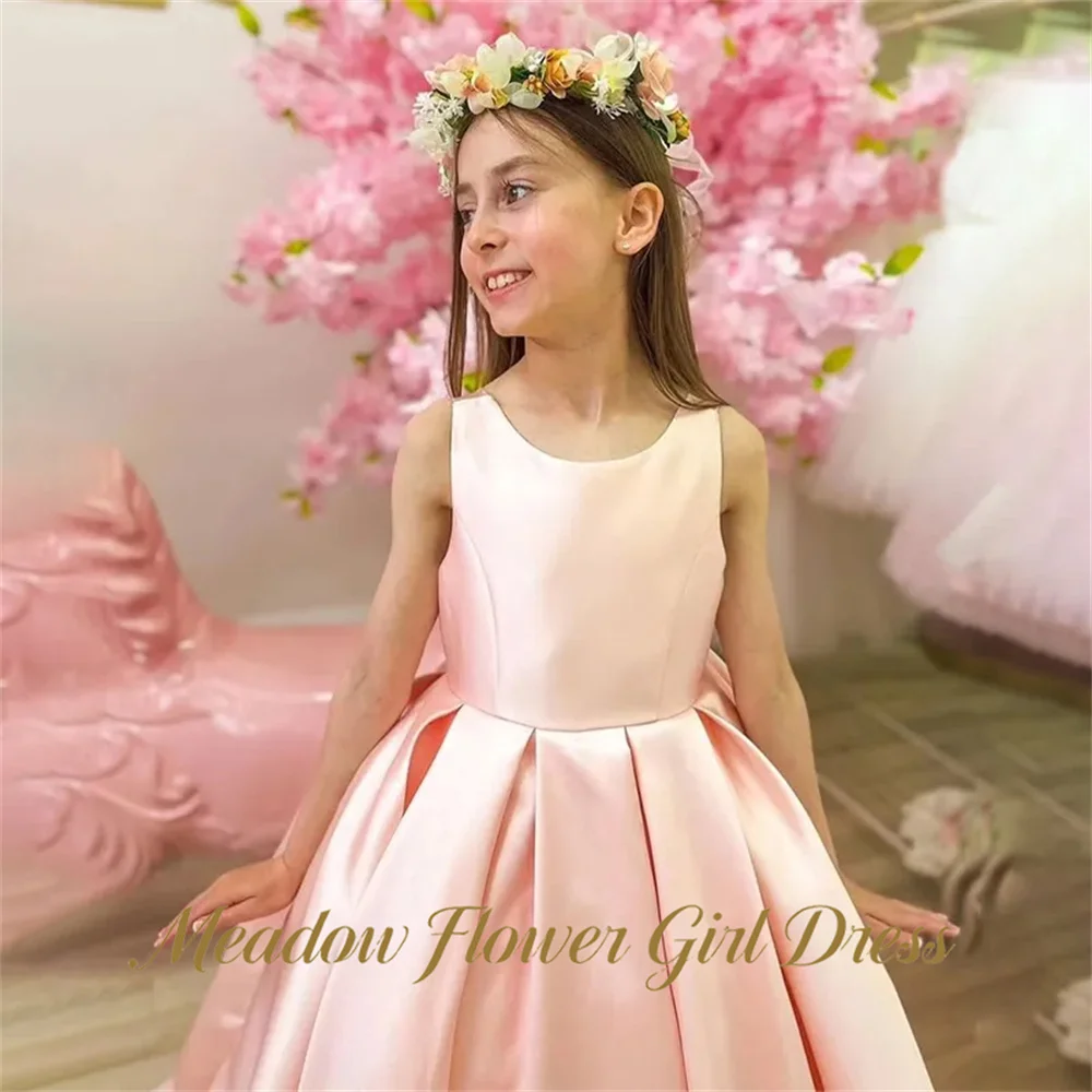 Meadow Pink First Communion Gown Round Neck Sleeveless Girls Princess Dress A Line Long Train Evening Party Dress for Girls