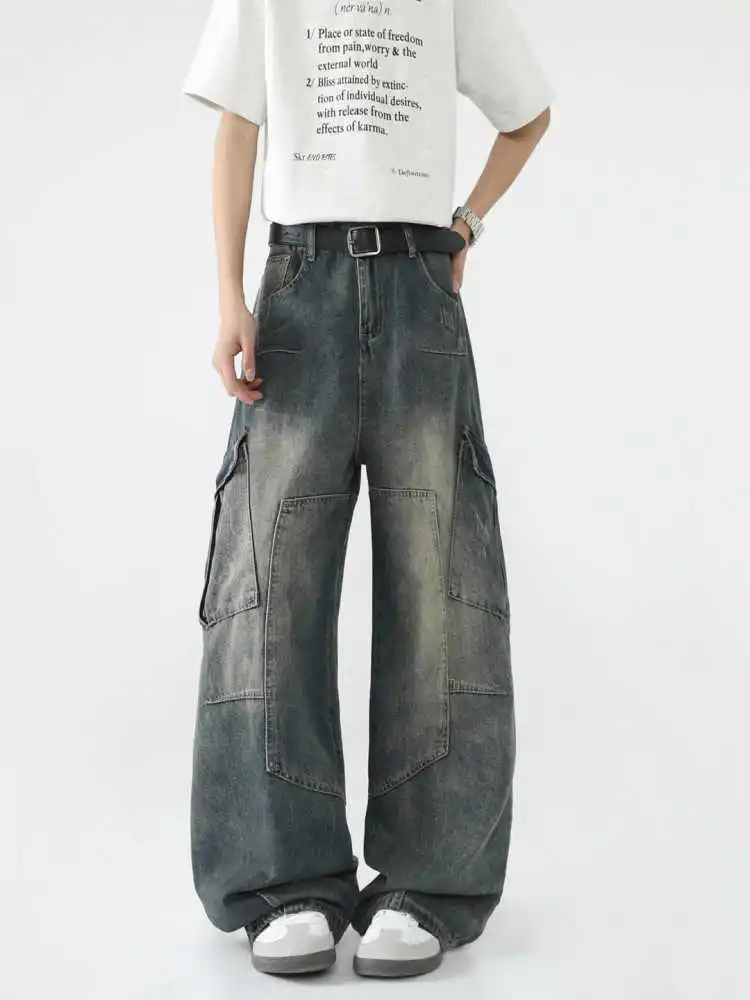 Mulheres azul escuro y2k carga jeans baggy grunge denim calças vintage namorado jeans calças compridas japonês 2000s estilo roupas 2025