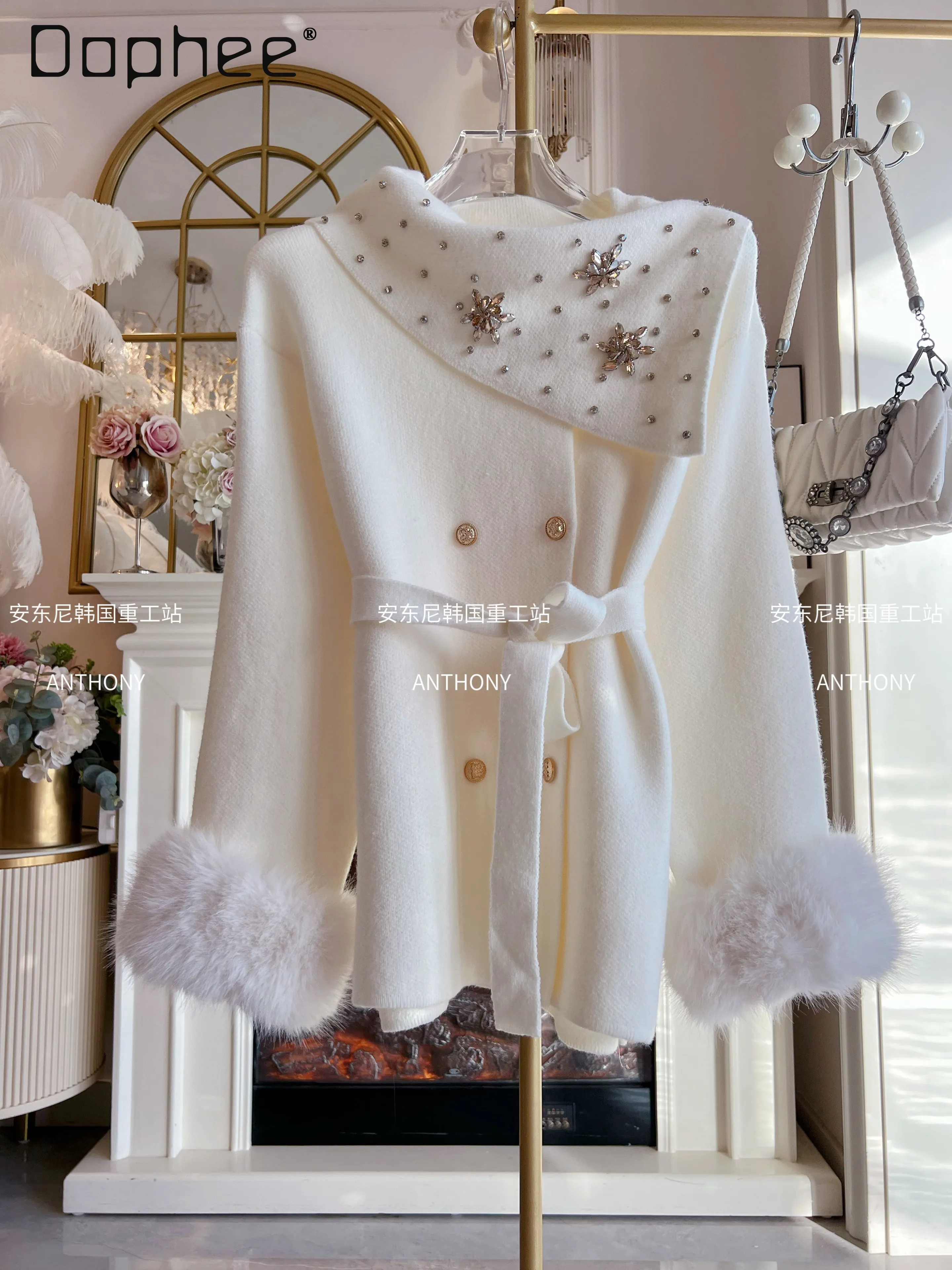 

French Socialite Elegant Asymmetrical Collar Beaded Rhinestone Knitted Cardigan Double-breasted Plush Long Sleeve Cardigans