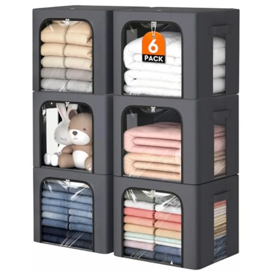 

6 Pack Clothes Storage Bins with Metal Frame, 40L Storage Bags Fabric Box Organizer with Clear Window, Zippers, Sturdy Handles
