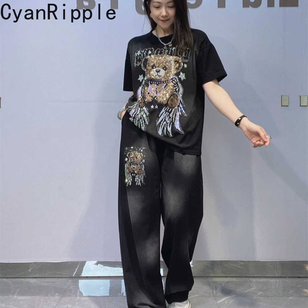 

Fashionable Tie Dye Women Two-piece Set Hot Diamonds Loose Short Sleeve T-shirt Top + Elastic Waist Casual Straight Pants Suits