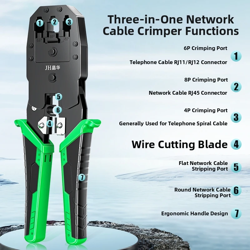 3-in-1 RJ45 RJ11 Network Cable Crimper Tool, Ethernet Crimping Pliers for Cat5e Cat6 Phone Cable, Stripper Cutter All-in-One