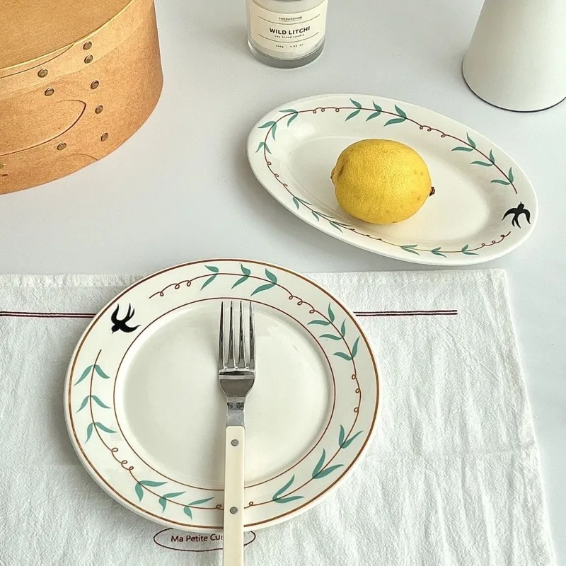 Vintage Ins Style French Style Green/blue Swallow Pattern Ceramic Dining Plate for Salads, Desserts, Home Kitchen Table Supplies