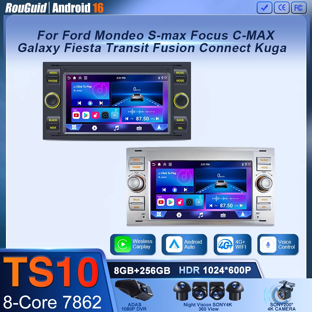 Radio para Auto Android 16 con Wifi y Navegación para Ford Mondeo, S-Max, Focus, C-Max, Galaxy, Fiesta, Transit, Fusion, Connect, Kuga, Multimedia, GPS, Bluetooth y Wifi