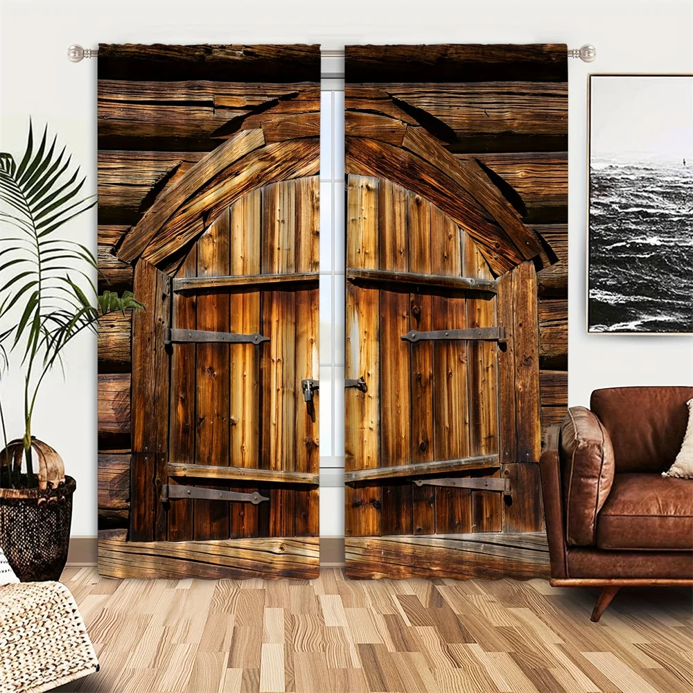 

2pcs Rustic Wooden Barn Door FarmHouse Pattern Curtains Window Treatment for Bedroom Office Kitchen Living Room Study Home Decor