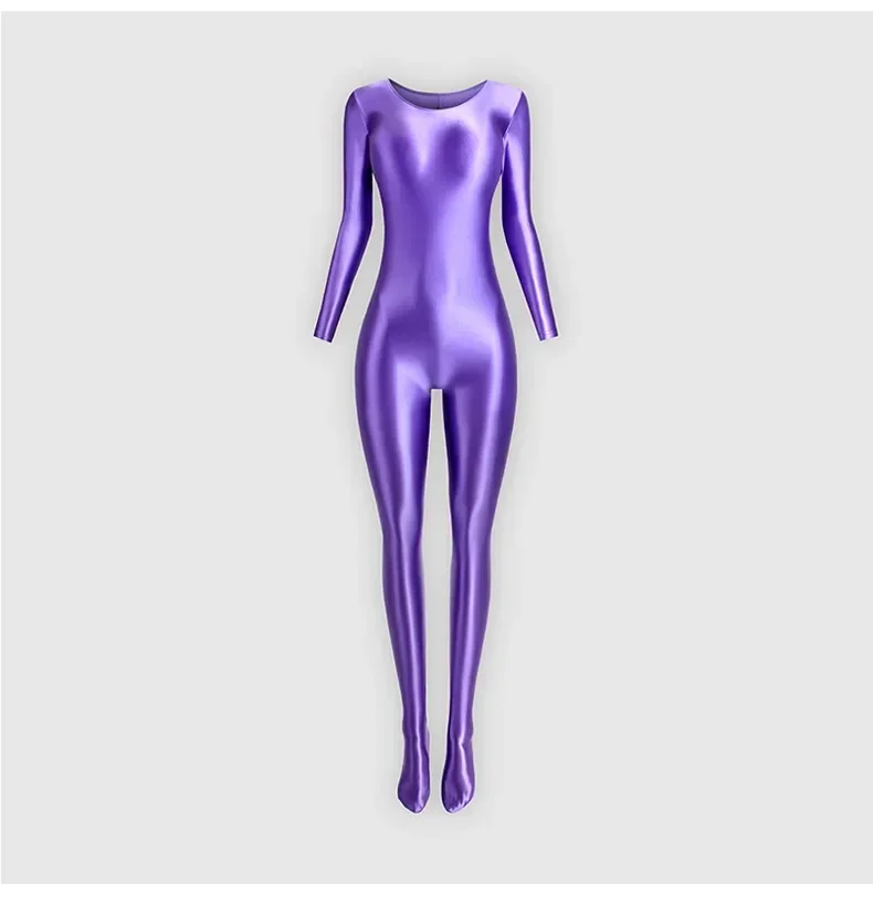 Women Long Sleeve Tight Glossy Dance Jumpsuit Bodysuit Yoga Solid Shaped Practice Rhythmic Gymnastics Leotard Swimsuit Dancewear