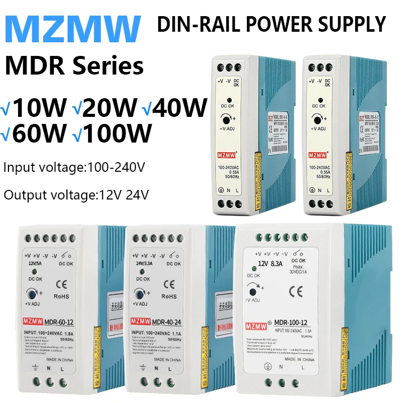 MZMW 12V 24V DIN Rail Switching Power Supply MDR-10W 20W 40W 60W 100W Industrial Mini SMPS Switch Power 10A AC DC Single Output