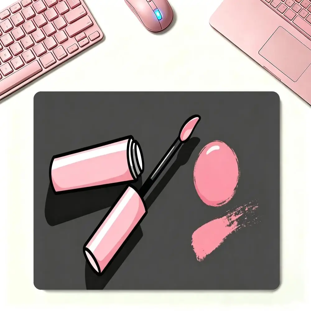 Mouse Pad Fashion Beauty Pink Lip Gloss Cosmetic Artwork Game Desk Mat Natural Rubber Non‑Slip Large Size For Laptop  Work