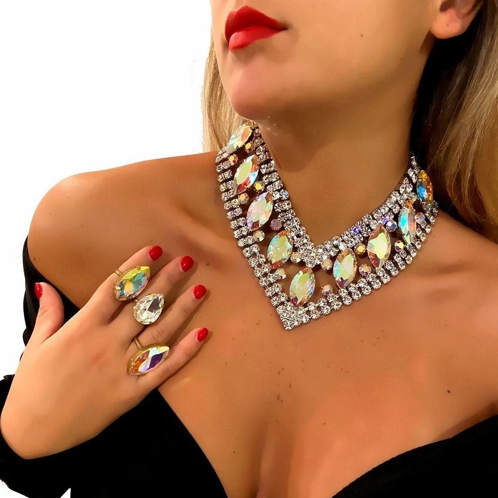 Stonefans AB Color Rhinestone V Shape Necklace Choker for Women Summer Accessories Statement Crystal Necklace Luxury Jewelry