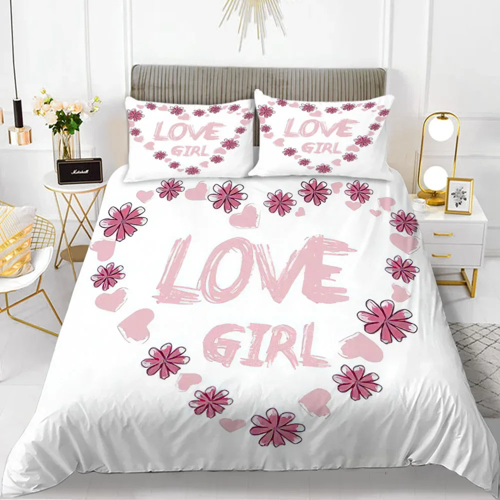 Love Theme Duvet Cover Heart Shape Romantic Letters Pink Flower Polyester for Women Men Couples Gifts for room Decoration King