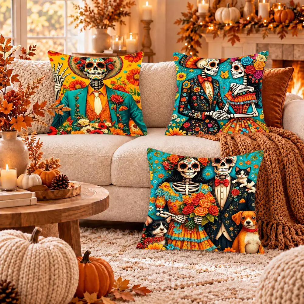 Marigold Skeleton Fiesta Originals Cushion Cover Soft Short Plush Pillow Cover Smooth Cozy Texture Cushion Case Home Decor