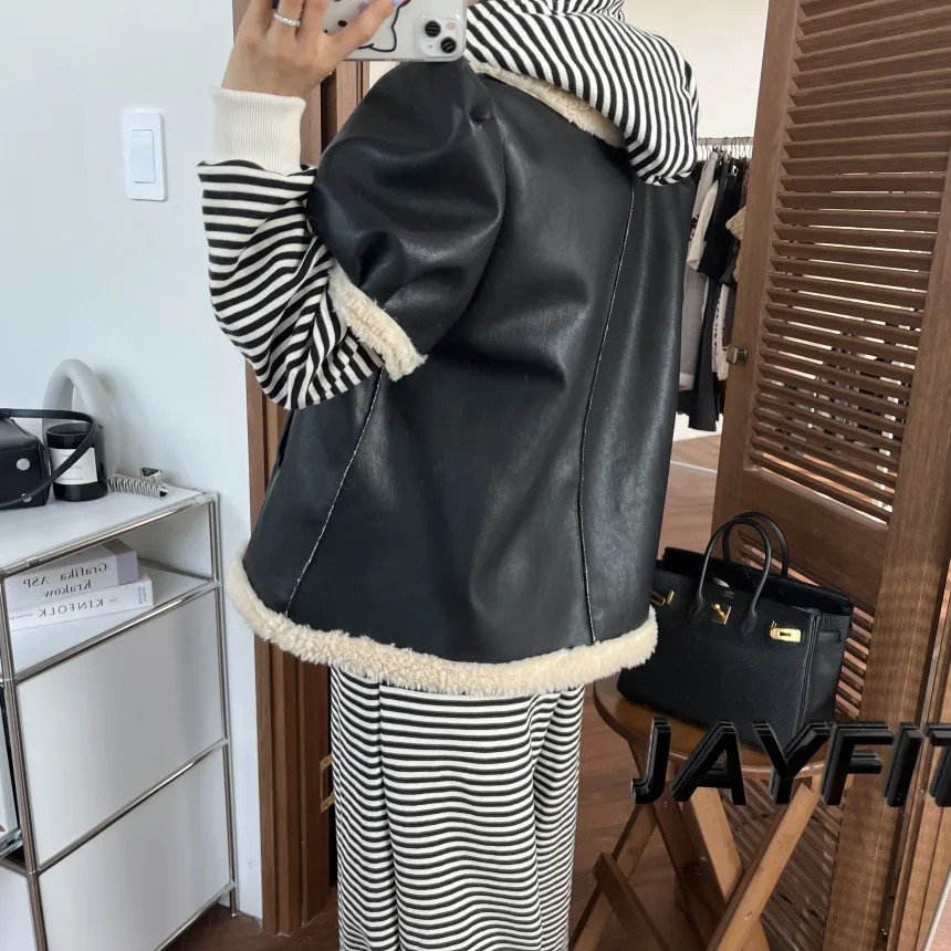 السيدات شيك ريترو فضفاض فرو الضأن Jaet السائق Sle كل مباراة الخريف الشتاء وصول جديد معطف الجلد والجلد