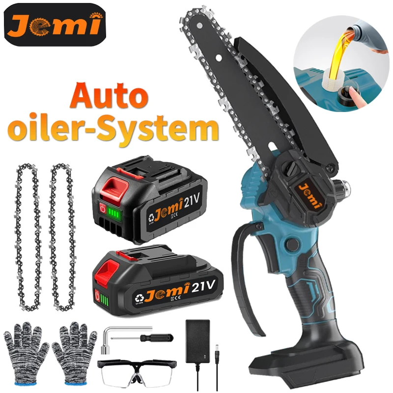 Jemi Tool 21V 휴대용 미니 전동 가지치기톱, 자동 윤활 시스템, 충전식 전기톱, 목재 절단 공구 포함