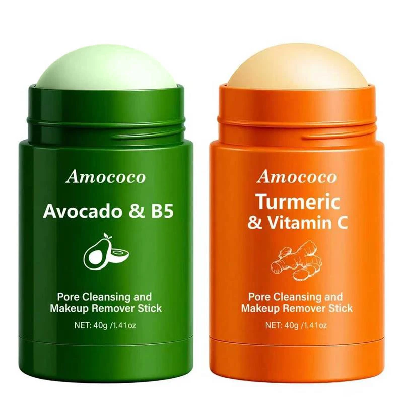 Amococo 2Pcs Turmeric Vitamin C Avocado Vitamin B5 Pore Cleansing Makeup Remover Stick Deep Cleansing Blackhead Remover Mild Formula Non-Irritating Portable Travel Size Easy to Carry Daily Skincare For All Skin Types Women Men 40g