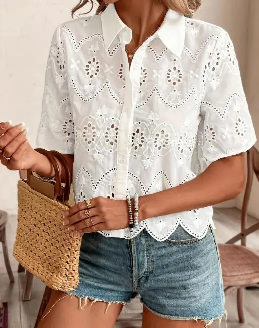 

Spring and Summer New Style Lapel Hollow Jacquard Design Casual Shirt for Women Elegant and Fashionable Short Sleeved Shirt