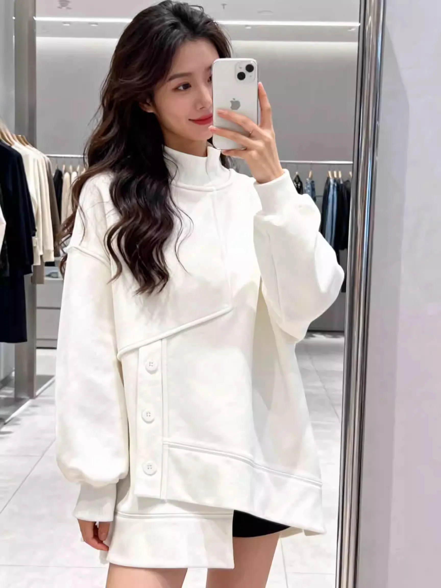 

Новая женская осенняя свободная толстовка с капюшоном и воротником-стойкой, в уличном стиле, модная, универсальная, китайского производства, с длинными рукавами