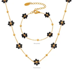 Black Beads Flower Necklace Bracelet For Women Stainless Steel Gold Plated Women's Neck Chain Necklaces Bracelets Jewelry Set