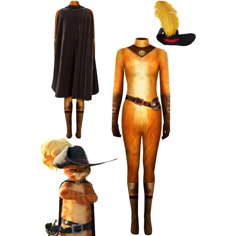 Gatto Cosplay In Stivali Costume Bambini Adulto Tuta Mantello Cappello Cartoon Gatto Spadaccino Gioco di ruolo Fantasia Fancy Dress Up Travestimento