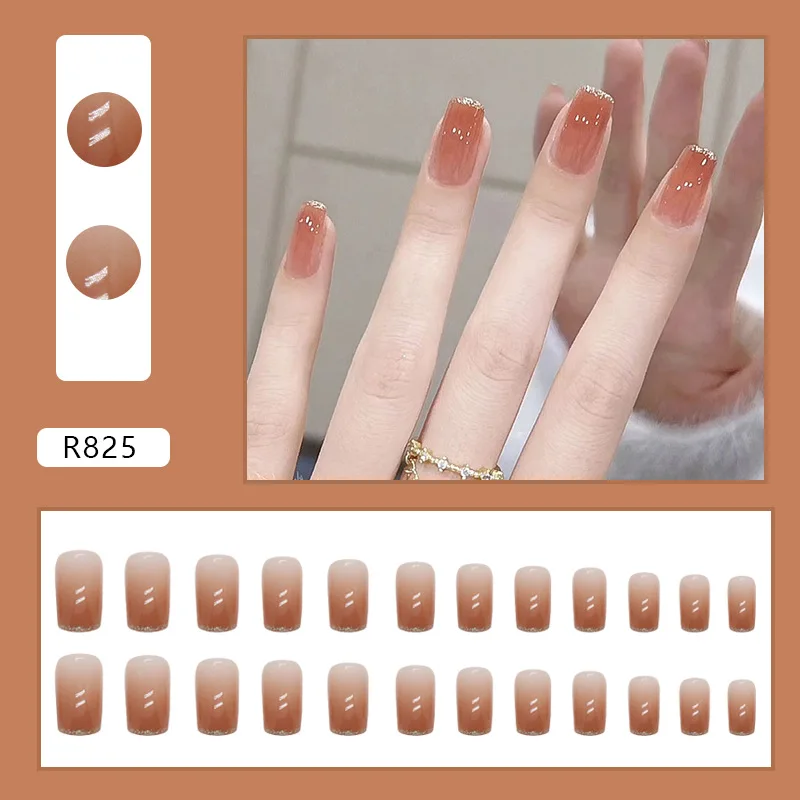 24 Pcs Simple Gold Powder French Gentle Temperament Medium European Square Sweet Niche Wear Nail Art Decorate