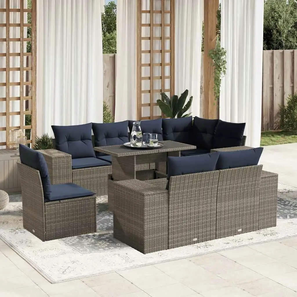 

9 Piece Gray Poly Rattan Patio Sofa Set with Comfortable Cushions Outdoor Furniture Garden Seating