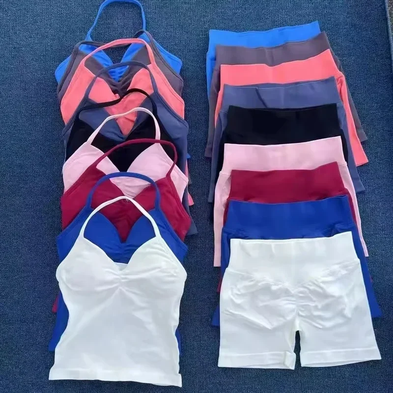 2 Pieces Women Impact Yoga Set Seamless Longline Strappy Tank Top Scrunch Sports Shorts Gym Clothes Woman Summer Workout Outfit