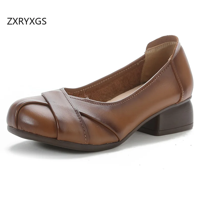 

ZXRYXGS Retro Style Genuine Leather Single Shoes Comfortable Non-slip Thick Mid Heels 2024 Round Toe Shallow Women Fashion Shoes