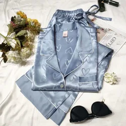 Ice Silk Pajamas Women Long Sleeve Lace Green Premium Sense Two Piece Sweet Homewear Love Blue