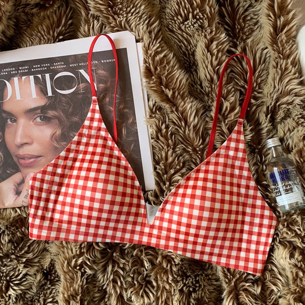Thin French satin seamless underwear women deep V thin shoulder straps triangular cup glossy anti-sagging breast bra cover 32-38