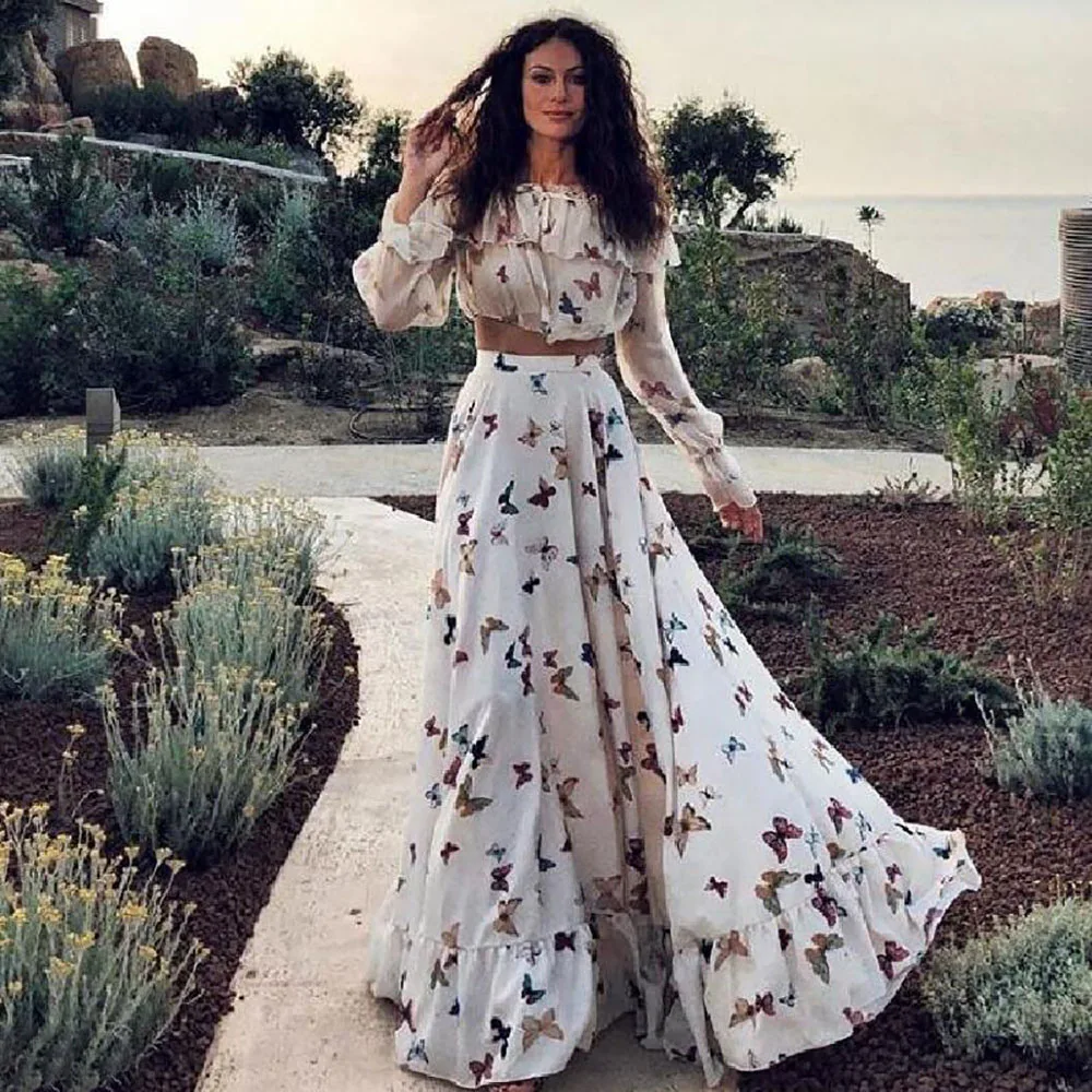 

Women's Bohemia Print Two-Piece Set Dress Ruffle Off Shoulder Flared Sleeve Top Blouse High Waist A-Line Maxi Beach Female Skirt