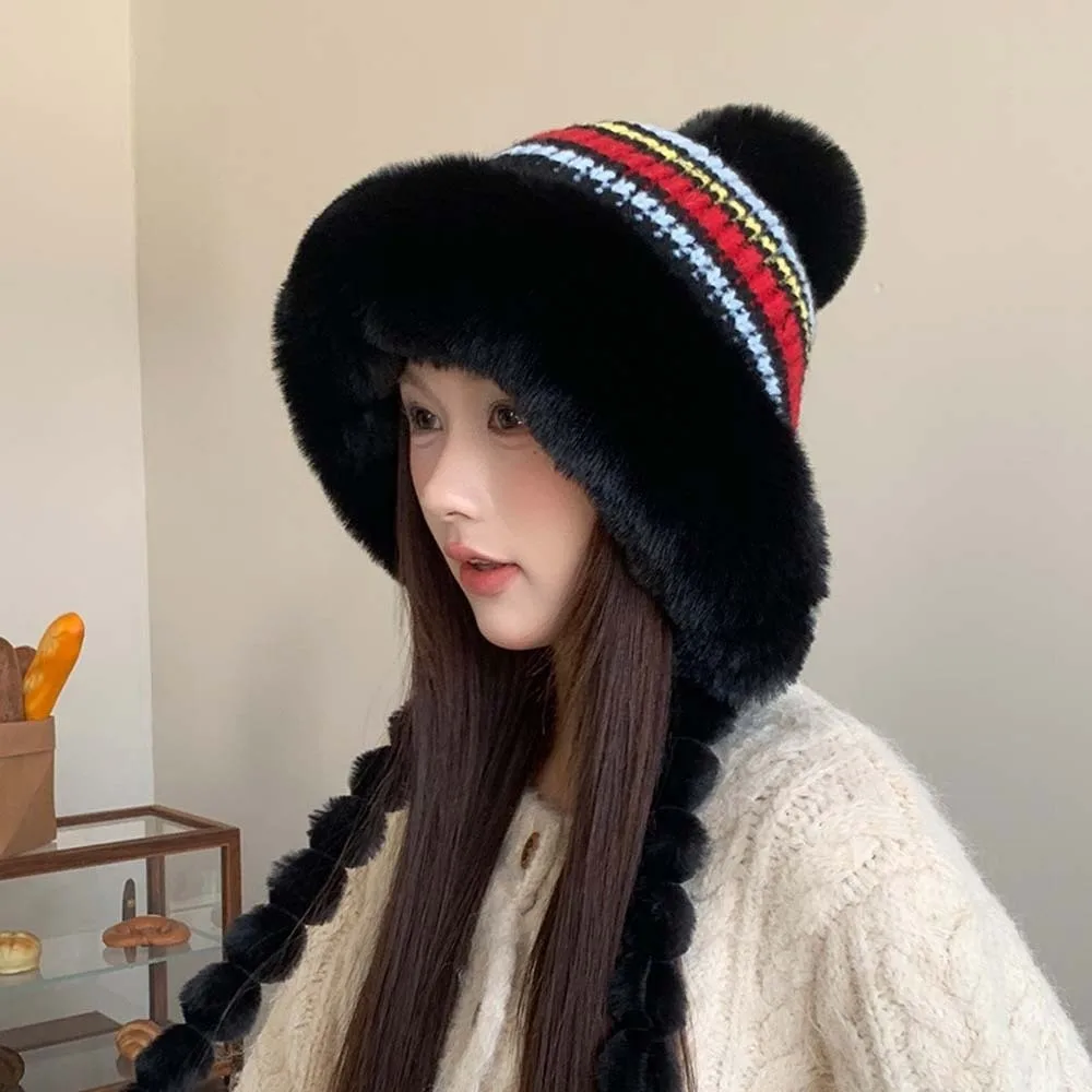 Fleece Lined Pompom Braids Hat Striped Knit Soft Yarn Fur Trim Trapper ElasticThick Thermal Earflap Winter Cap Commute
