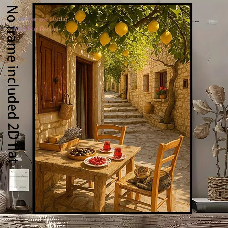 2D Flat, 2D Flat, [2D Flat] 1pc Decorative Canvas Painting of Sunlight on Stone Wall Alley with Wooden Table And Chairs, Cat
