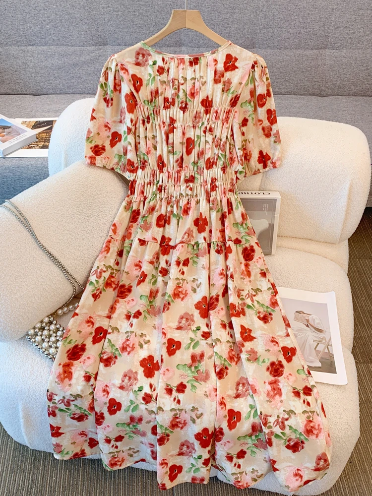 فستان نسائي مقاس كبير من NYFS لصيف 2025 فستان فضفاض كبير على شكل زهرة عالية الخصر وأكمام منتفخة فساتين طويلة رداء Elbise على الطراز الكوري