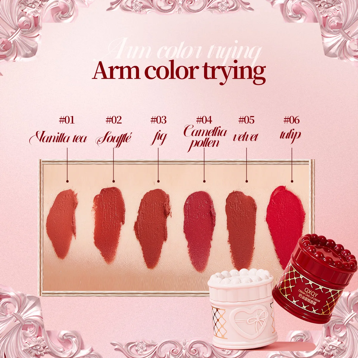 QXQY 6-Farben-Creme-Cake-Lipgloss – mattierter Samt-Lippenstift – Somooth-Textur und langanhaltendes Make-up, einfach aufzutragender Lippenschlamm in der Farbe