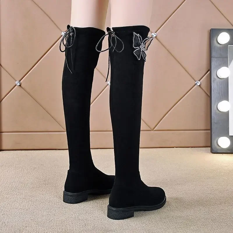 

2025 New Spring Autumn All Match Slimming Low Heel Lace Up Over Knee Butterfly Women Suede Round Toe Black High Boots for Work