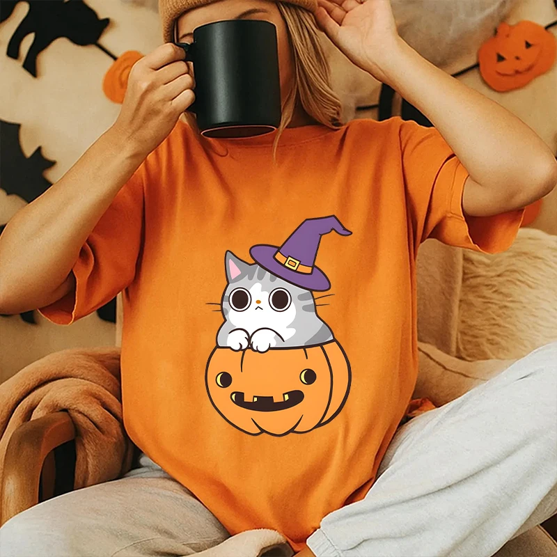 

Funny Halloween Cat Tees for Women Clothing Short Sleeved T-shirt Fashion Streetwear Female Blouse Harajuku Graphic Y2k Tops