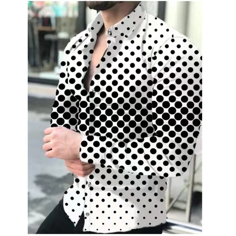 Spring And Autumn Lapel Shirt Polka Dots Gradual Change 3D Printed Shirt Men's Cardigan Long Sleeve Shirt Men