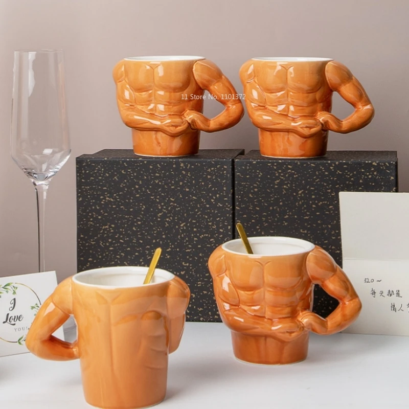 Creative and Personalized Muscle Cup 3D Relief Design Ceramic Material Healthy Underglaze Color Process Muscle Shaped Handle