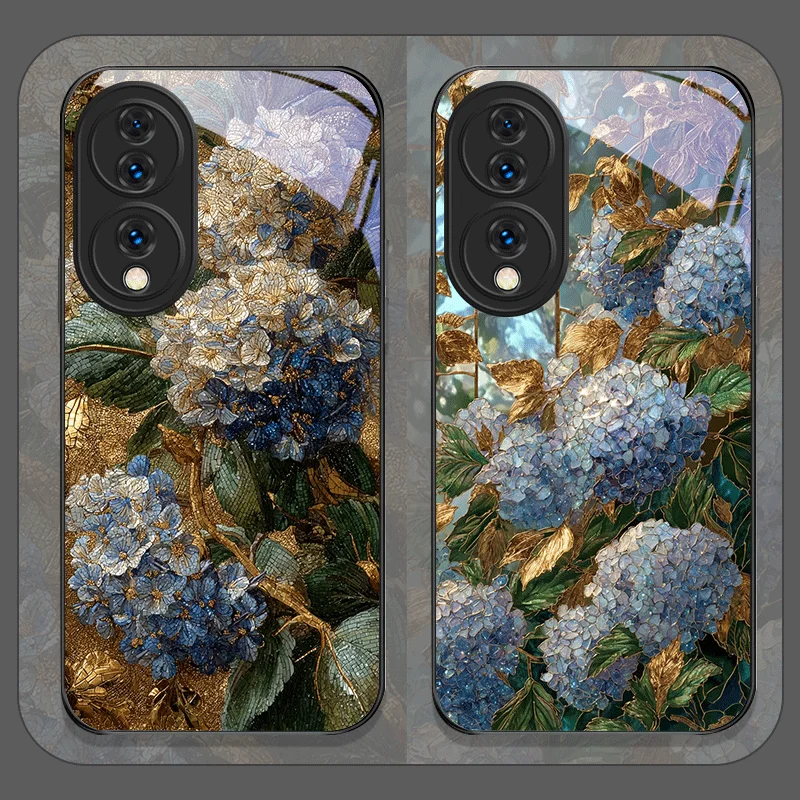 Elegante Funda de Teléfono de Vidrio Templado con Patrón de Hortensias Azules para Huawei Honor 400 200 Lite 100 Pro 90 80 Magic 8 7 6 5