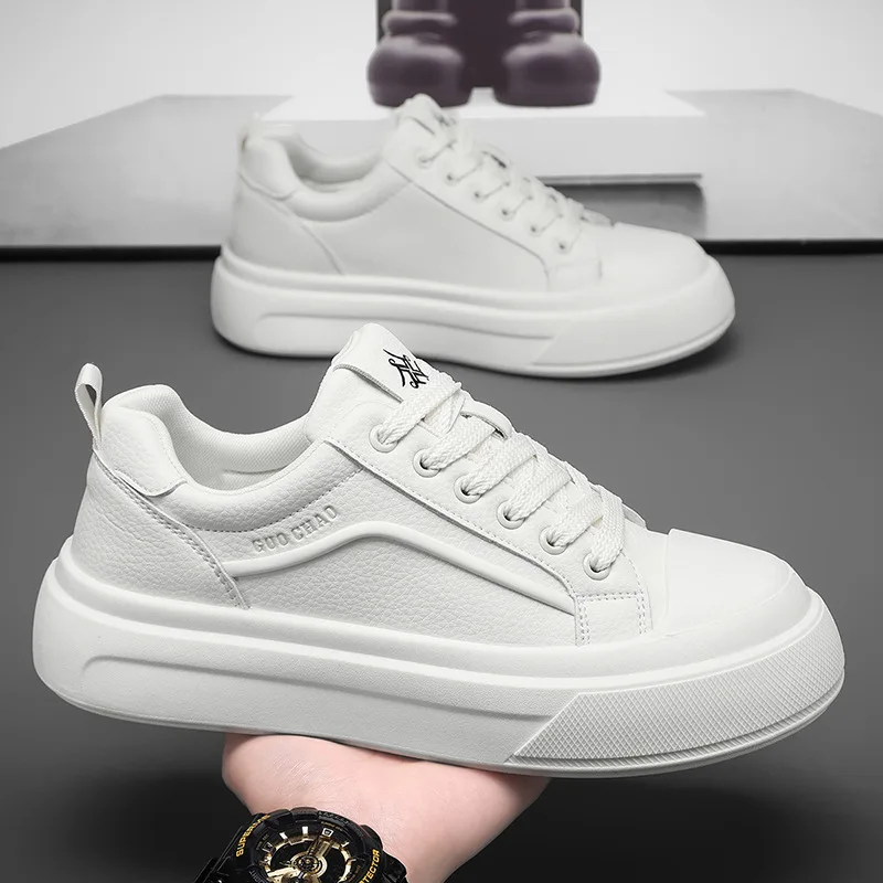 Men's leather white sneakers, versatile, casual, sporty, comfortable, breathable, platform shoes, running shoes