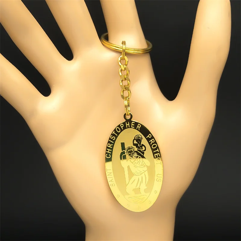 Christian Jesus Saint Christopher Protect Us Key Chain For Women Men Stainless Steel Gold Color Oval Punk Key Ring Party Jewelry