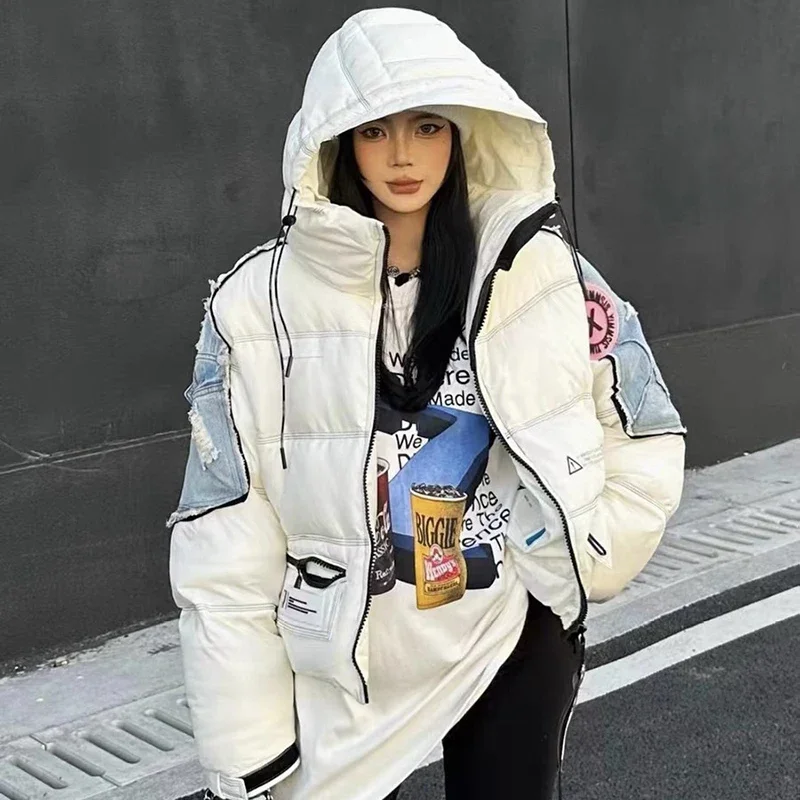 Short Section Hooded Color Collision Parker Jacket Coat Women Thickened White Duck Down Jacket Trendy Denim Splicing Down Jacket