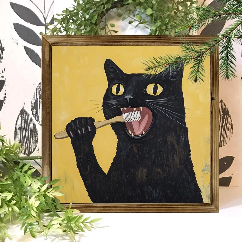 Charming Black Cat Brushing Teeth Rustic Farmhouse Wall Canvas Art for Home, Cafe, Bathroom Decor | Unique Holiday Gift Unframed
